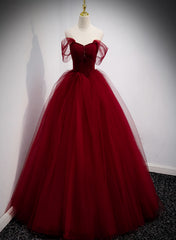Evening Dress Vintage, Lovely Wine Red Princess Tulle Beaded Long Party Dress, Dark Red Formal Gown