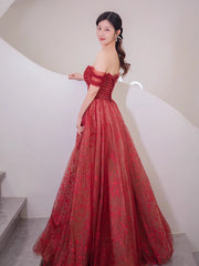 Prom Dresses Modest, Lovely Wine Red Tulle Sweetheart Long Formal Dress, Off Shoulder Wine Red Prom Dress
