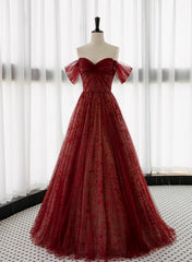 Prom Dress Long Quinceanera Dresses Tulle Formal Evening Gowns, Lovely Wine Red Tulle Sweetheart Long Formal Dress, Off Shoulder Wine Red Prom Dress