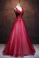 Party Dress Name, Lovely Wine Red V-neckline Tulle Party Gown, A-line Prom Dress