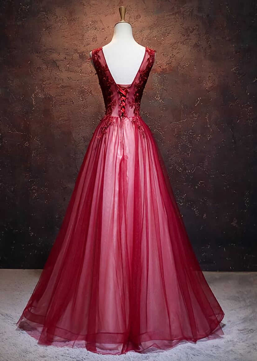 Party Dress Names, Lovely Wine Red V-neckline Tulle Party Gown, A-line Prom Dress