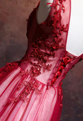 Party Dresses For Christmas, Lovely Wine Red V-neckline Tulle Party Gown, A-line Prom Dress