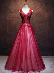Party Dress Long Sleeve, Lovely Wine Red V-neckline Tulle Party Gown, A-line Prom Dress