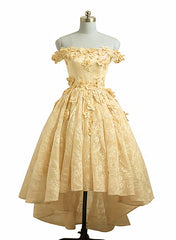 Party Dresses Winter, Lovely Yellow Off Shoulder Lace High Low Party Dress, Yellow Formal Dress