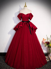 Party Dresses For Christmas Party, Burgundy Sweetheart Neck Formal Dress, A-Line Tulle Floor Length Prom Dress