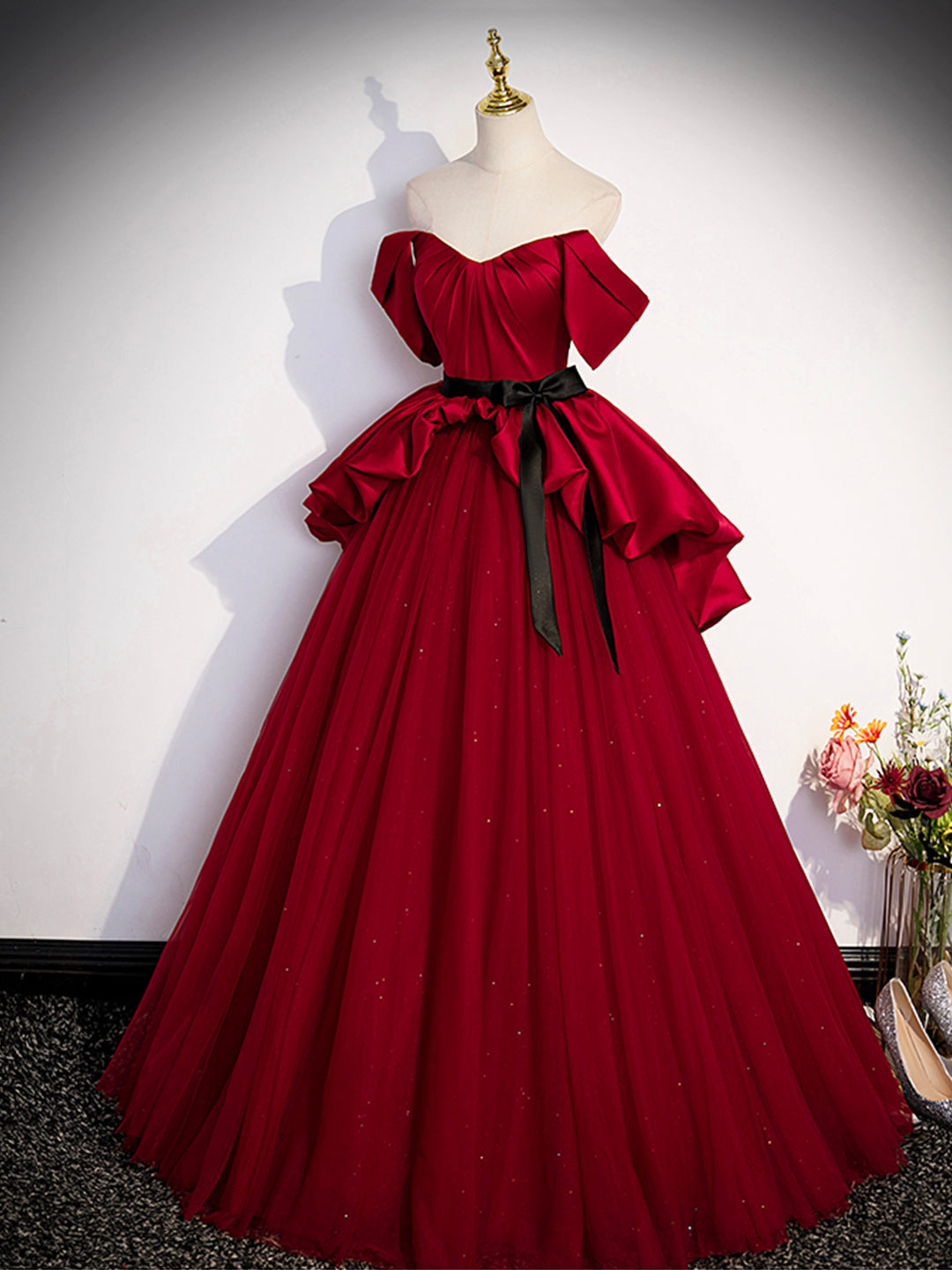 Party Dress Pink Dress, Burgundy Sweetheart Neck Formal Dress, A-Line Tulle Floor Length Prom Dress