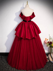Party Dress With Glitter, Burgundy Sweetheart Neck Formal Dress, A-Line Tulle Floor Length Prom Dress