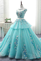 Formal Dress Classy, Lovey Blue Layers Ball Gown Tulle with Flowers Sweet 16 Gown, Blue Formal Dresses