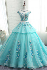 Formal Dressed Long Gowns, Lovey Blue Layers Ball Gown Tulle with Flowers Sweet 16 Gown, Blue Formal Dresses