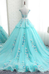Formal Dress Long Gown, Lovey Blue Layers Ball Gown Tulle with Flowers Sweet 16 Gown, Blue Formal Dresses