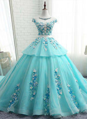 Formal Dress Black Dress, Lovey Blue Layers Ball Gown Tulle with Flowers Sweet 16 Gown, Blue Formal Dresses