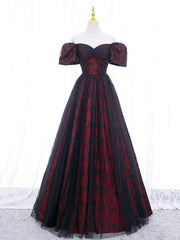 Prom Dress Short, Black Tulle A-Line Prom Dress with Rose Print, Black Off Shoulder Evening Party Dress