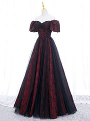 Prom Dress V Neck, Black Tulle A-Line Prom Dress with Rose Print, Black Off Shoulder Evening Party Dress