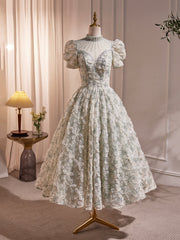 Prom Dressed 2032, Beautiful Beading Pearl Sequins Green Prom Dresses, High Neckline Tea Length Sage Green Party Dress