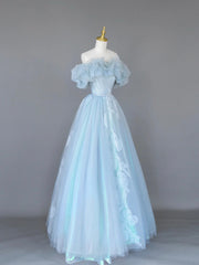 Prom Dresses For Brunettes, Light Blue Tulle Lace Long Prom Dress, Beautiful Off Shoulder Evening Party Dress