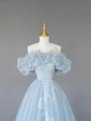 Prom Dress Fitted, Light Blue Tulle Lace Long Prom Dress, Beautiful Off Shoulder Evening Party Dress