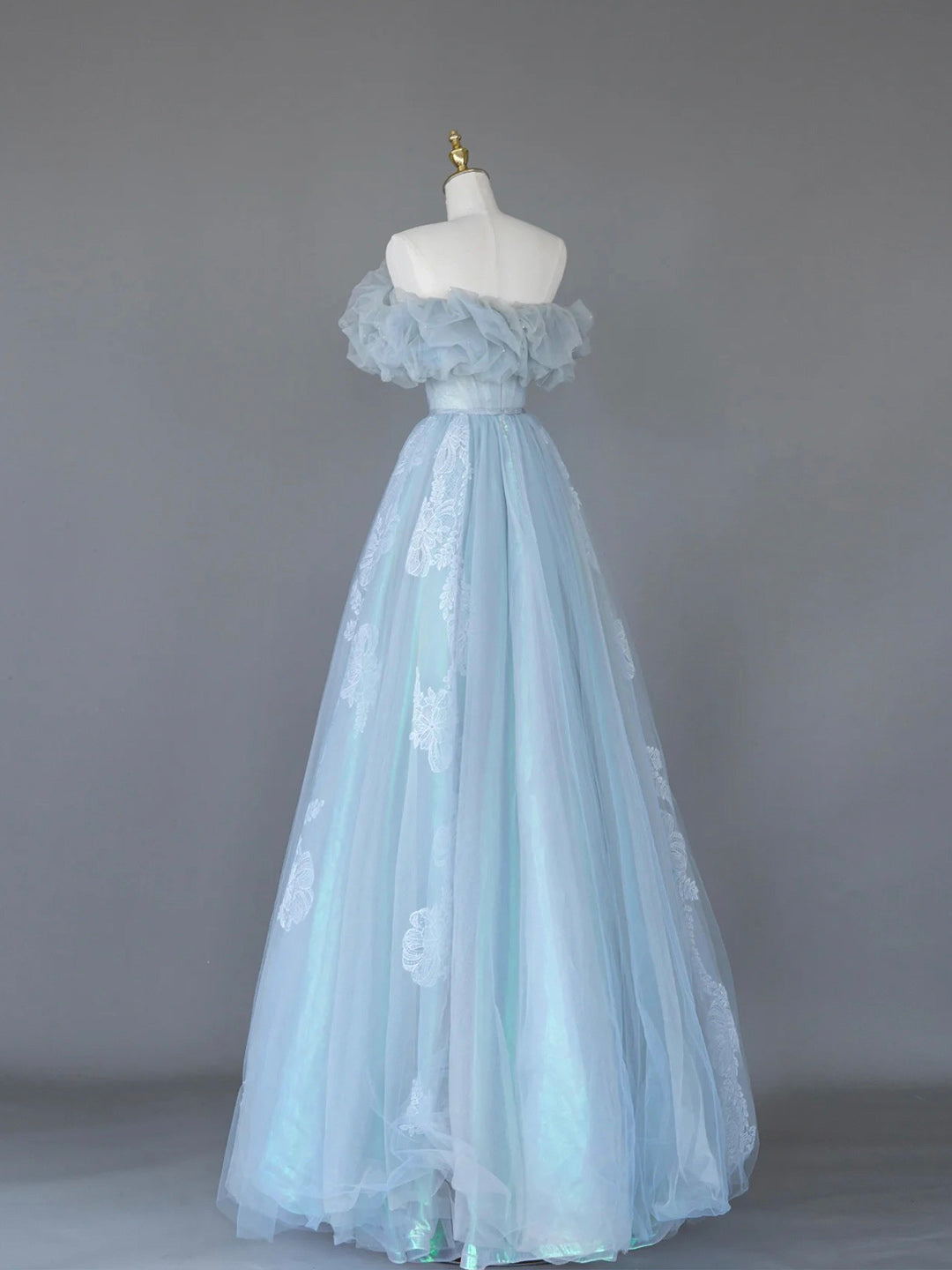 Prom Dresses Fitting, Light Blue Tulle Lace Long Prom Dress, Beautiful Off Shoulder Evening Party Dress