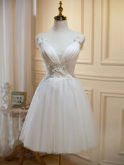 Prom Dress With Tulle, Ivory V-Neck Lace Straps Party Dress, Ivory Knee Length Prom Dress