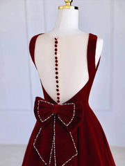 Party Dresses Classy Christmas, Burgundy Tea Length Velvet Prom Dress with Bowknot,  Burgundy Evening Party Dress