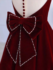 Party Dress Classy Christmas, Burgundy Tea Length Velvet Prom Dress with Bowknot,  Burgundy Evening Party Dress