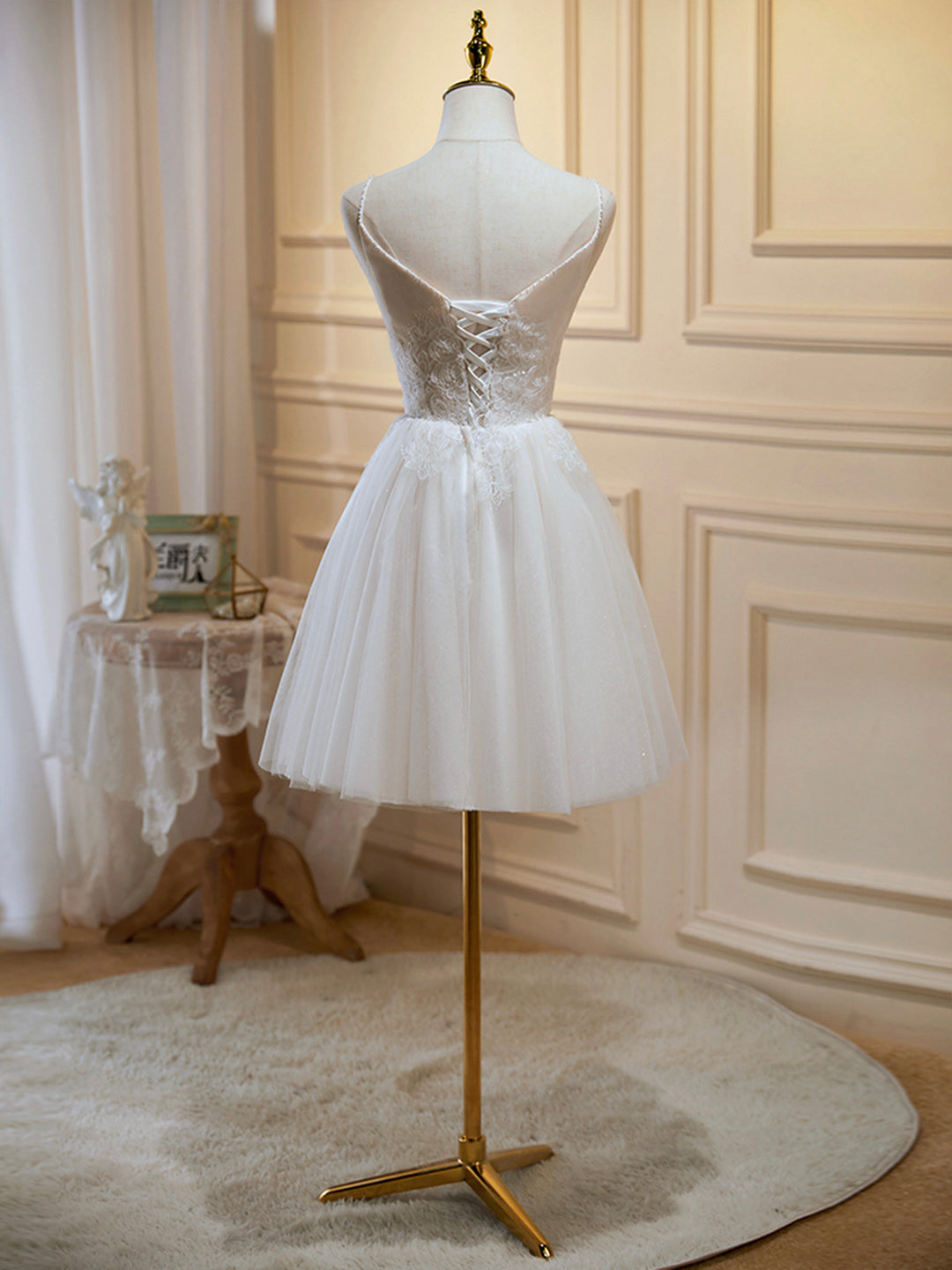 Prom Dresses Ball Gown Elegant, Ivory V-Neck Lace Straps Party Dress, Ivory Knee Length Prom Dress