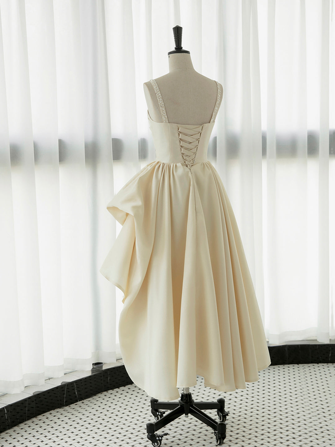 Prom Dress Sleeve, Irregular Champagne Tea Length Prom Dress, Simple A-Line Evening Party Dress