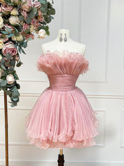 Prom Dresses Casual, Pink Strapless Tulle Short Prom Dress, Cute A-Line Homecoming Dress