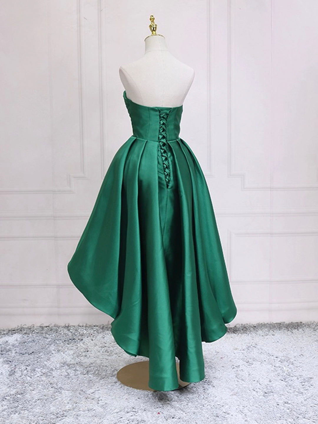 Unique Prom Dress, Green Satin High Low Party Dresses, Strapless Green Homecoming Dresses