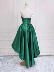 Unique Prom Dress, Green Satin High Low Party Dresses, Strapless Green Homecoming Dresses