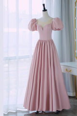 Prom Dress Simple, Pink Satin Long A-Line Prom Dress, Cute Short Sleeve Evening Dress
