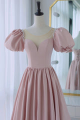 Prom Dress With Slits, Pink Satin Long A-Line Prom Dress, Cute Short Sleeve Evening Dress