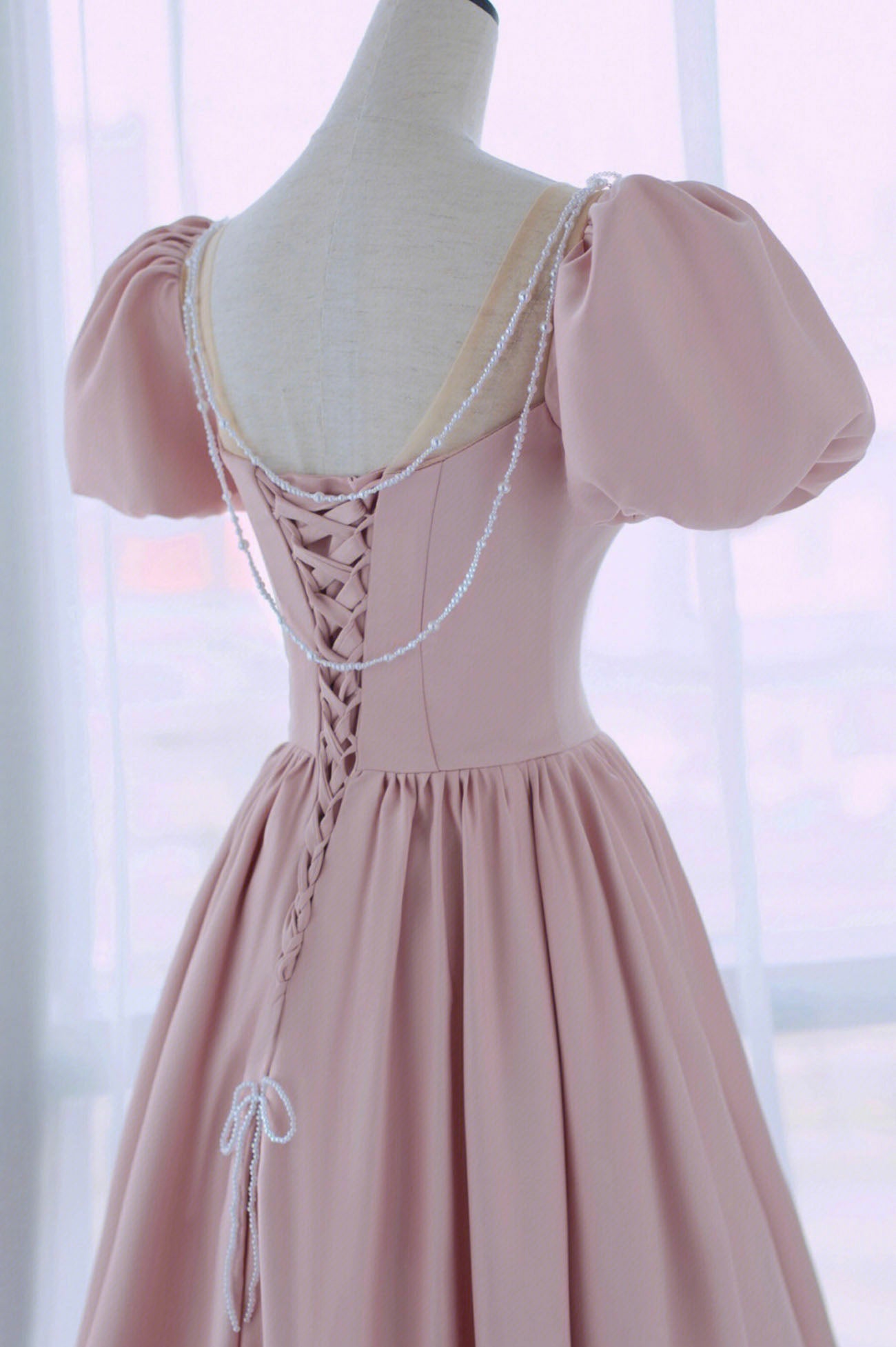 Prom Dress With Slit, Pink Satin Long A-Line Prom Dress, Cute Short Sleeve Evening Dress
