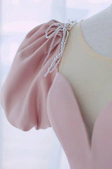 Prom Dresses With Slit, Pink Satin Long A-Line Prom Dress, Cute Short Sleeve Evening Dress