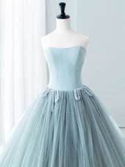 Evening Dress Prom, Blue Satin Tulle Long Prom Dress, Lovely Strapless Evening Dress