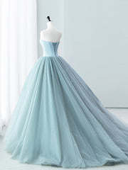 Evening Dresses Prom, Blue Satin Tulle Long Prom Dress, Lovely Strapless Evening Dress
