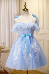 Homecoming Dress Beautiful, Blue Lace Knee Length Prom Dress, Lovely A-Line Homecoming Dress