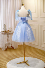 Homecoming Dress 2036, Blue Lace Knee Length Prom Dress, Lovely A-Line Homecoming Dress