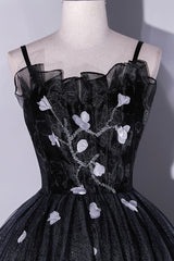 Prom Dresses Cheap, Black Tulle Long A-Line Evening Gown, Black Spaghetti Strap Evening Gown