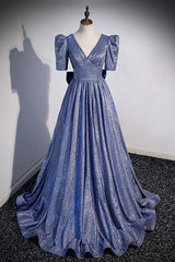 Long Dress Design, Blue Long A-Line Prom Dress, Simple V-Neck Short Sleeve Evening Dress