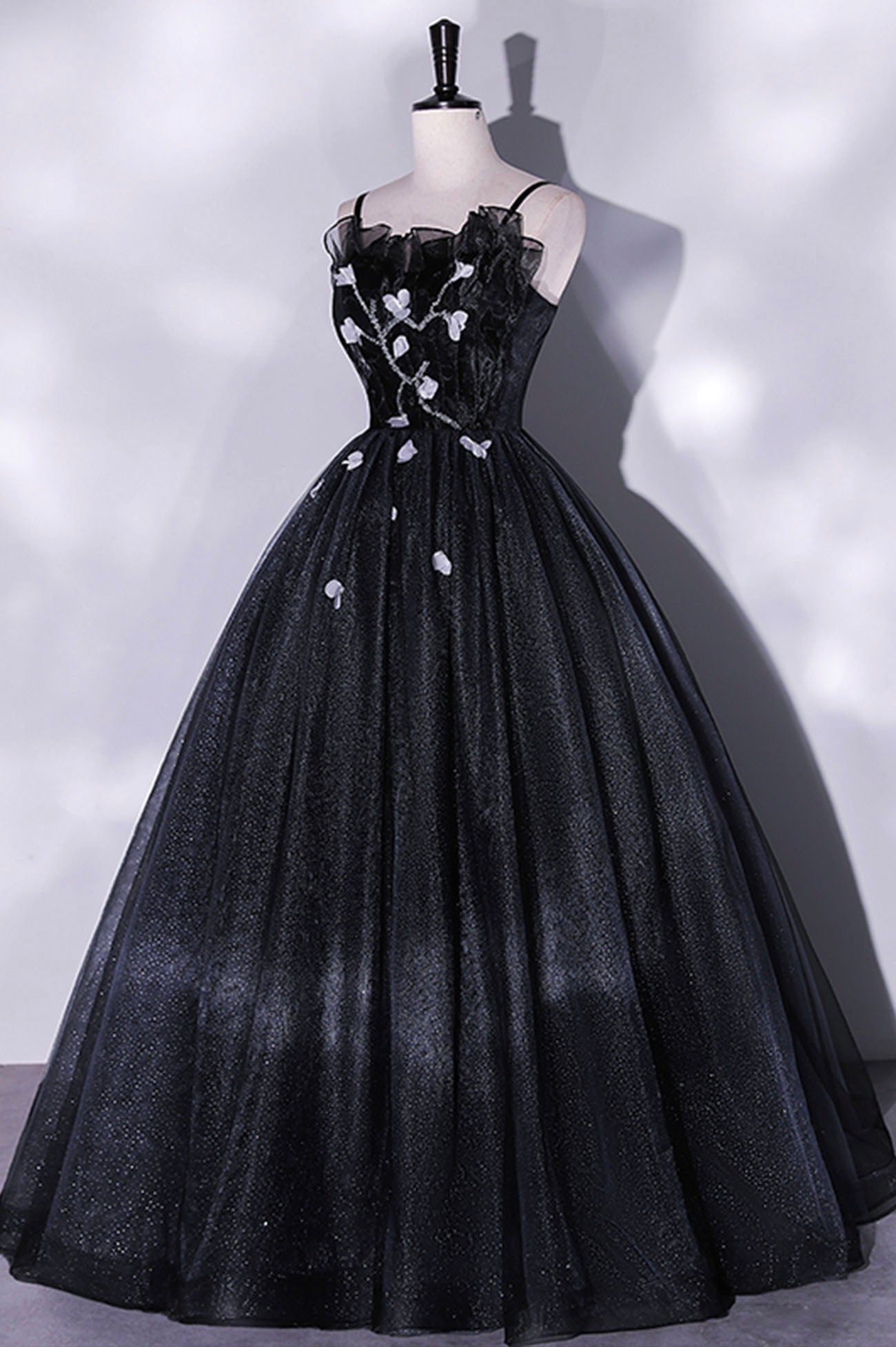 Prom Dresses 2018, Black Tulle Long A-Line Evening Gown, Black Spaghetti Strap Evening Gown