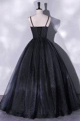 Prom Dresses 2023, Black Tulle Long A-Line Evening Gown, Black Spaghetti Strap Evening Gown