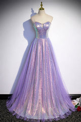 Evening Dress For Wedding Guest, Purple Strapless Sequins Floor Length Prom Dress, A-Line Formal Dress