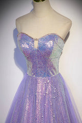 Evening Dresses For Wedding Guest, Purple Strapless Sequins Floor Length Prom Dress, A-Line Formal Dress