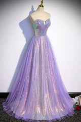 Evening Dresses Off The Shoulder, Purple Strapless Sequins Floor Length Prom Dress, A-Line Formal Dress