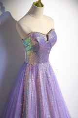 Evening Dresses Midi, Purple Strapless Sequins Floor Length Prom Dress, A-Line Formal Dress