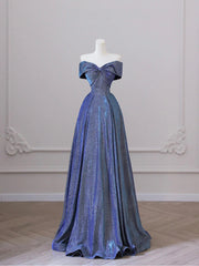 Plu Size Prom Dress, Shiny Off the Shoulder Floor Length Blue A-Line Prom Dress