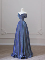 Sparklie Prom Dress, Shiny Off the Shoulder Floor Length Blue A-Line Prom Dress