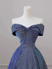 Long Prom Dress, Shiny Off the Shoulder Floor Length Blue A-Line Prom Dress