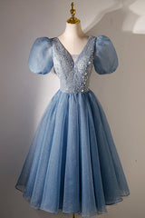 Prom Dresses Pieces, A-line V-neck Sequins Short Prom Dress, Blue Short Sleeve Evening Dress