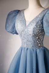 Prom Dresses For Short People, A-line V-neck Sequins Short Prom Dress, Blue Short Sleeve Evening Dress